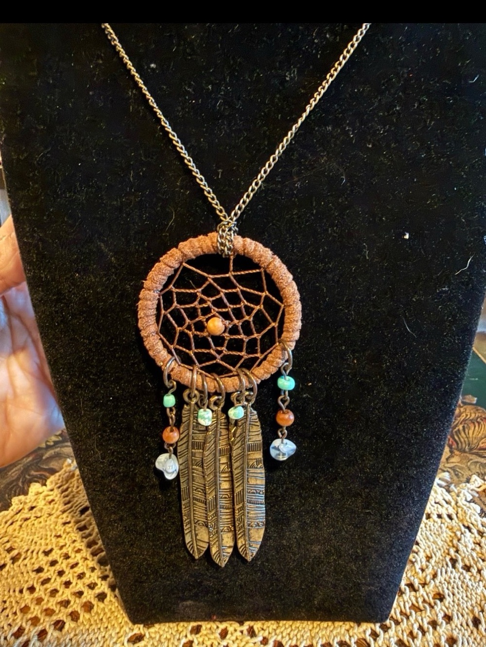 Handmade Brown Dreamcatcher Pendant Necklace with Feather Charms